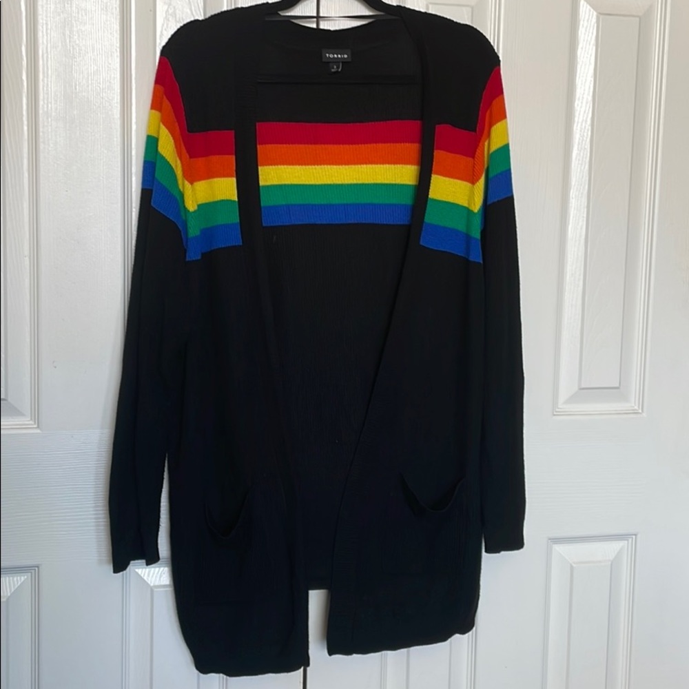 Black Ribbed Cardigan with Rainbow Stripes